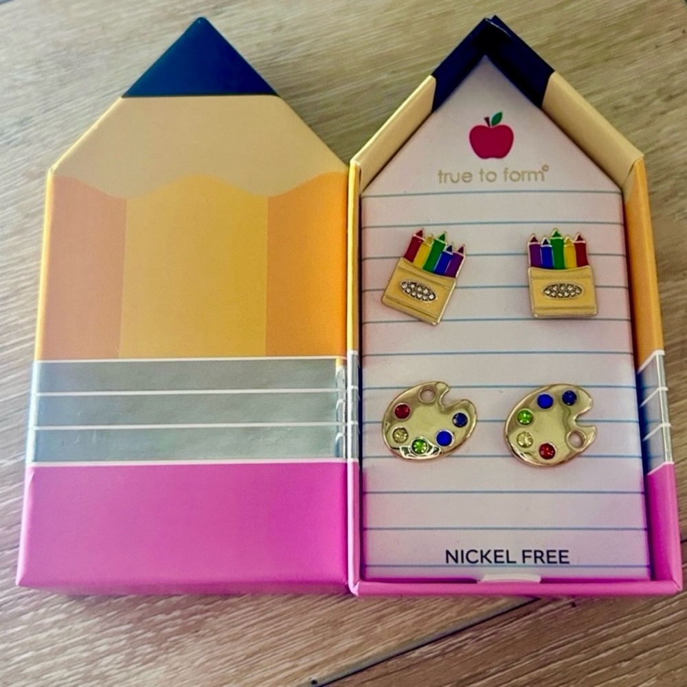 True to Form Crayon & Artist Palette Earrings Set | Nickel Free | Teacher Gif